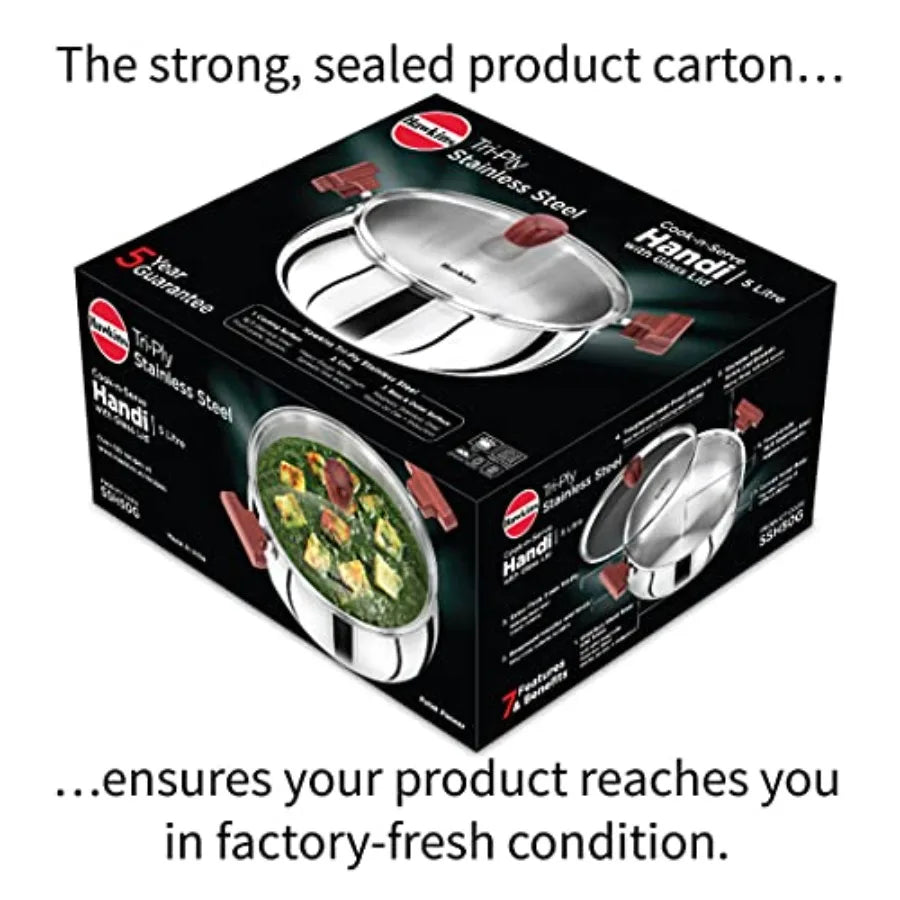 5 Litre Cook n Serve Handi Triply Stainless Steel Handi with Glass Lid Induction Sauce Pan Biryani Handi Saucepan Silver SSH50G