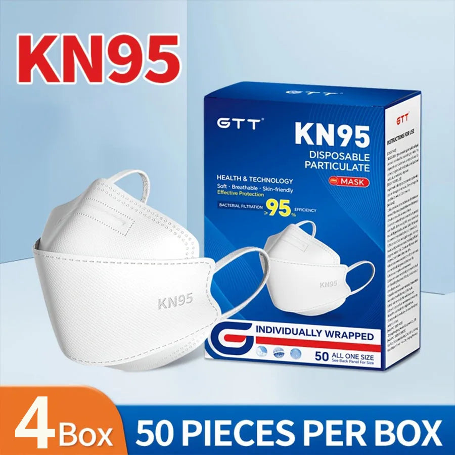 GTT 50-200Pcs Disposable Masks KN95 Fish-shaped 3D Mask Independent Packag 4-layer Filter Dust-proof Protection Mask Black White
