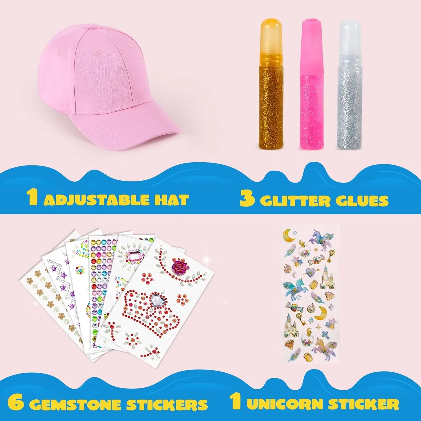 JOYFY DecorateYour Own Baseball Cap with 7 Sheets Gems Stickers Art & Crafts Kit Fun Creative DIY Toys for Kids Girls