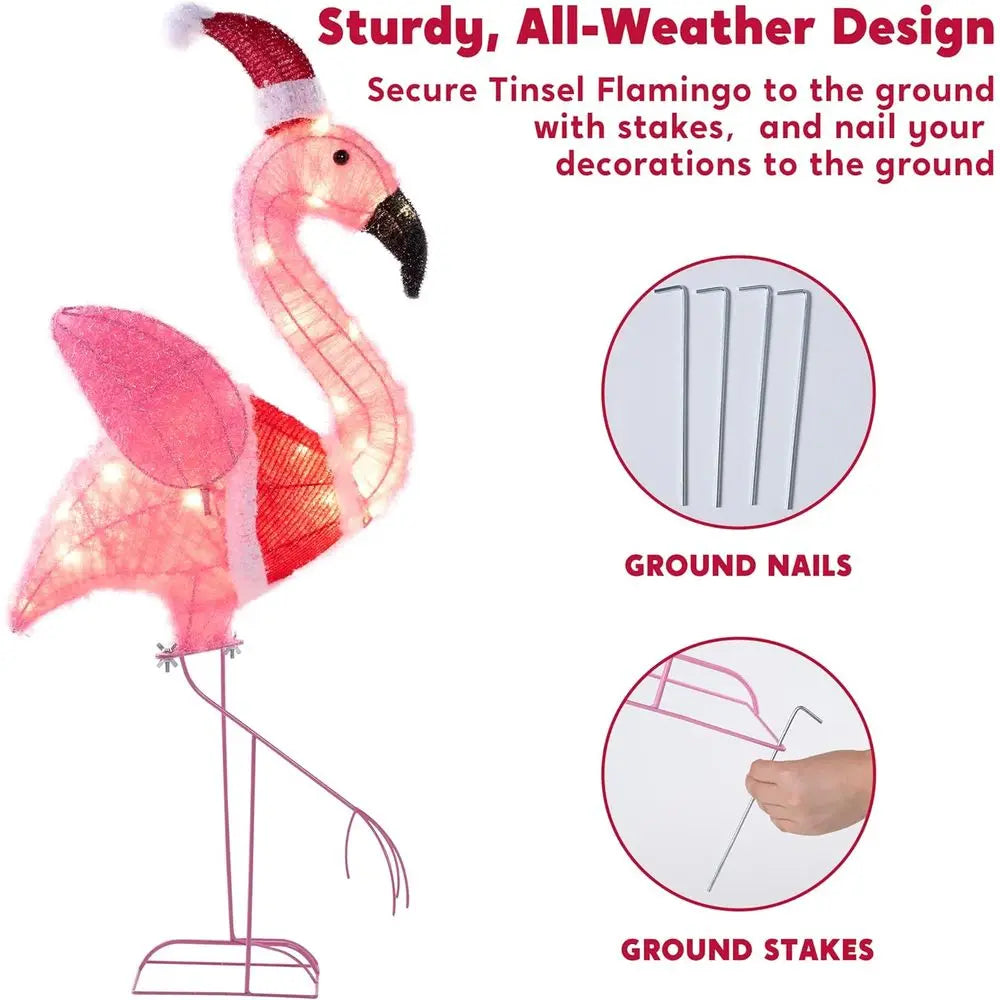 Glowing Outdoor Christmas Flamingo Decorations, 30 LED Warm White Lights for Holiday Yard, Lawn Ornaments with Metal Stakes