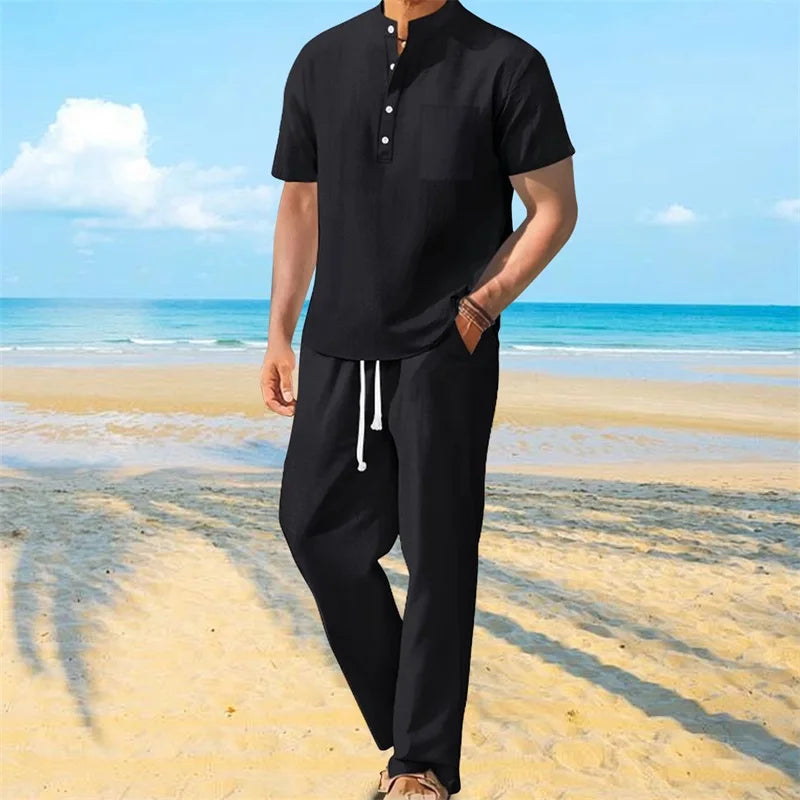 Men's Casual 2 Piece Outfit Short Sleeve Henley Tops with Drawstring Pants Loose Solid Color Set for a Stylish Look