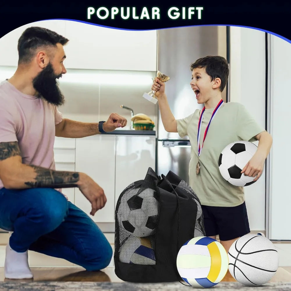 Glow in the Dark 5-Piece Sports Ball Set with Official Sizes: Football, Basketball, Soccer, Volleyball, Baseball - Includes Carr