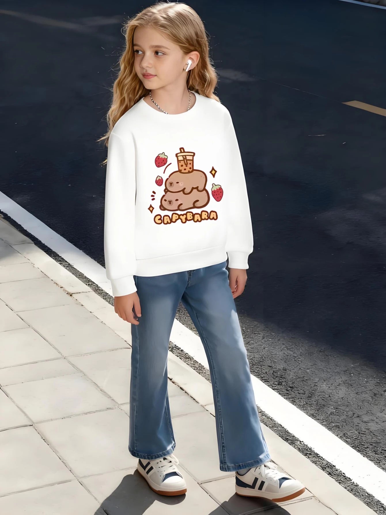 Kids / Children's Cotton Crew-neck Sweatshirt with CAPYBARA Boba Tea Stacked Animals for Boys and Girls Kawaii Style