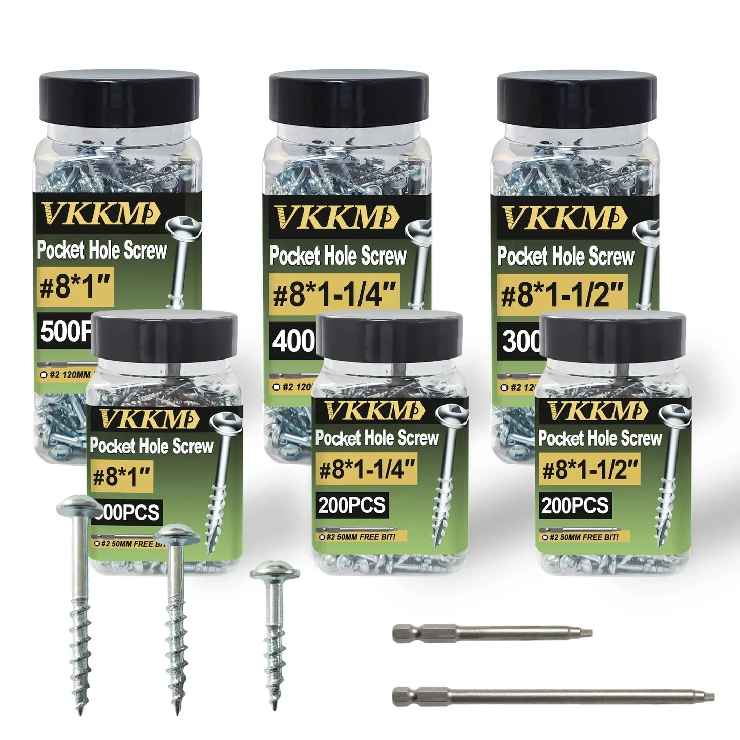 VKKM Galvanized Pocket Hole Screws #7 #8 1-1/4" 1-1/2" 200-300PCS w/ Free Drill Bits for Woodworking Tools