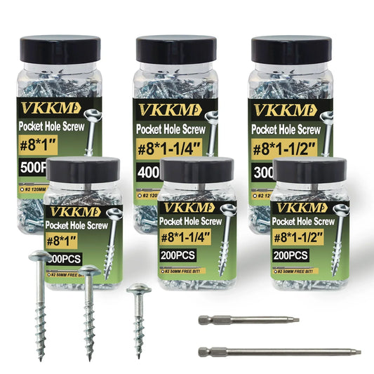 VKKM Galvanized Pocket Hole Screws #7 #8 1-1/4" 1-1/2" 200-300PCS w/ Free Drill Bits for Woodworking Tools