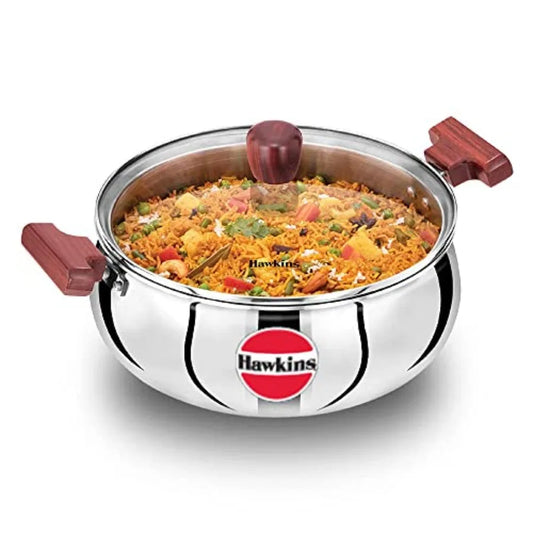 5 Litre Cook n Serve Handi Triply Stainless Steel Handi with Glass Lid Induction Sauce Pan Biryani Handi Saucepan Silver SSH50G
