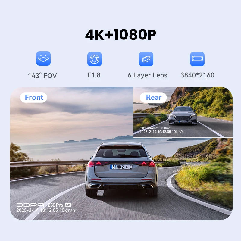 DDPAI 4K Dash Cam Z50 Pro 5GHz Wi-Fi GPS ADAS Night Vision 4G Connectivity Car DVR 24H Parking Support Front and Rear Cam