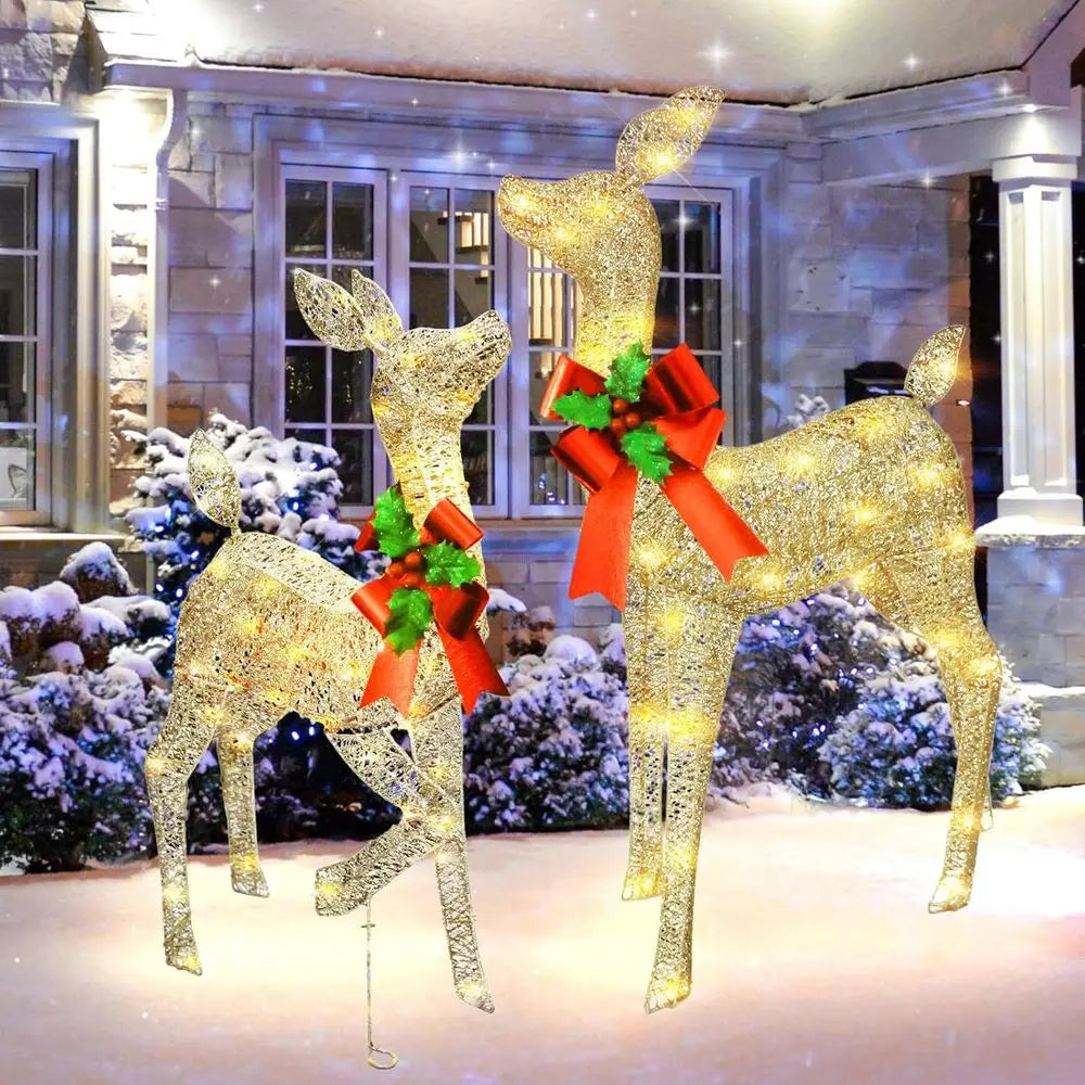Champagne Gold Lighted Outdoor Christmas Deer Duo Set with Bow for Yard and Tree Holiday Decor