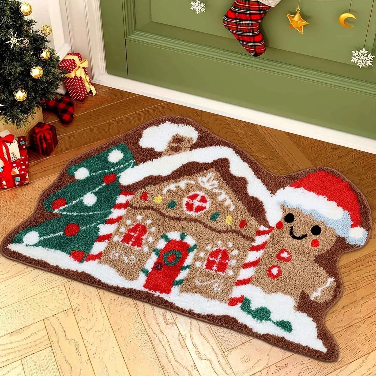 VIAMA Christmas Gingerbread House Rug Soft Bathroom Mat Gingerbread Figure Front Door Living Room Holiday Decorations