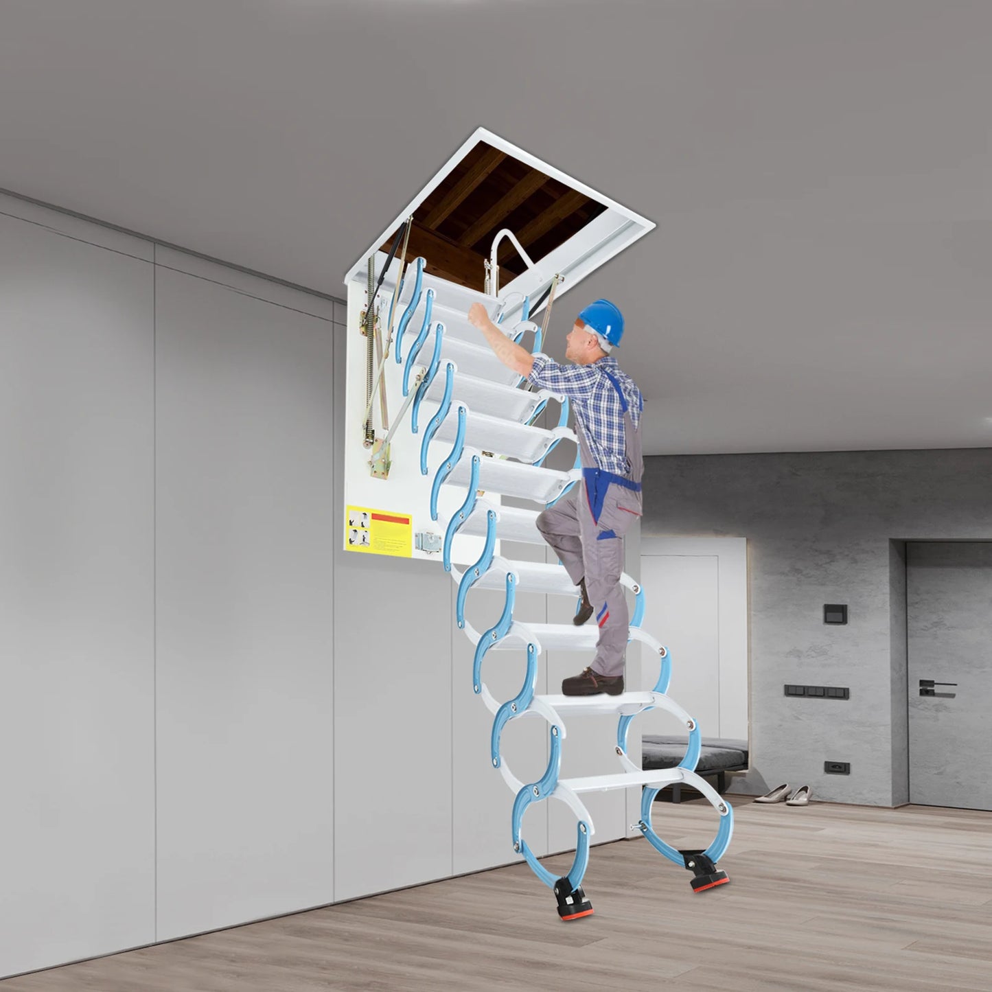 11 Steps Cold-rolled Steel Attic Ladder,70x100cm White/Blue Wall-Mounted Folding Stairs for Flat Roofs