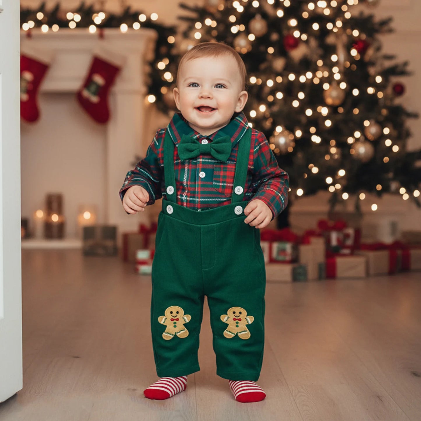 Baby Boy Clothing Cute Christmas Long Sleeve Plaid Romper with Embroidery Overalls Clothes Set 2Pcs Outfits