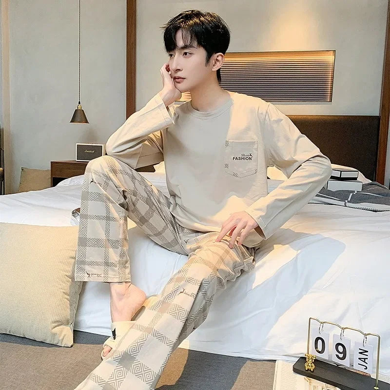 Men's Sleepwear Spring and Autumn Long Sleeve Student Cartoon Loose Edition Youth Plus Size Summer Thin Home Furnishing Set