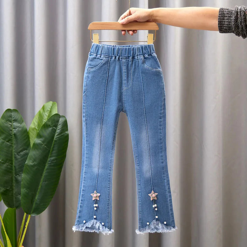 New Autumn Elastic Kids Jeans Girls Cute Leisure Bow Denim Blue Children Flared Pants teenage Girl Clothes Trousers 3 - 12 Y