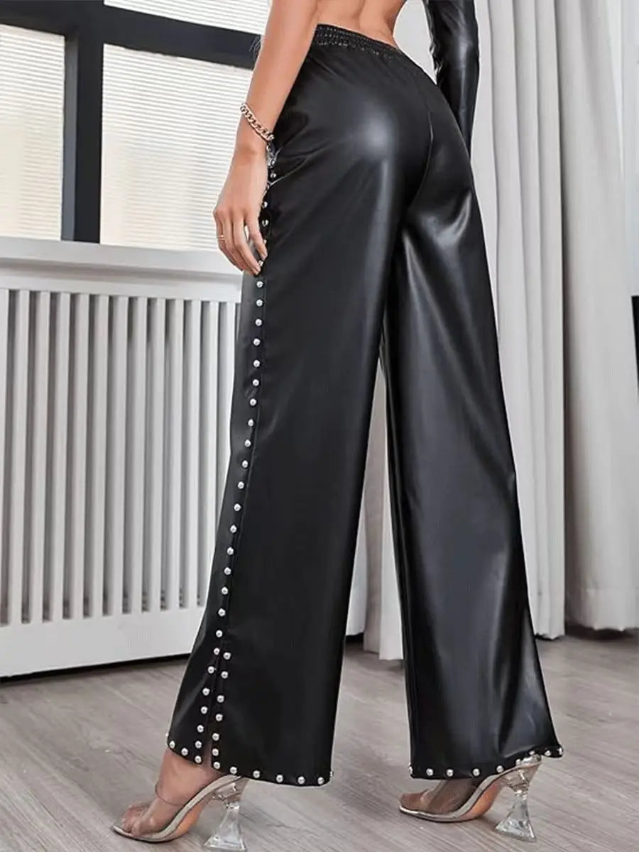 Women's black rivet wide-leg jeans, fashionable, punk style, casual, loose, denim long pants