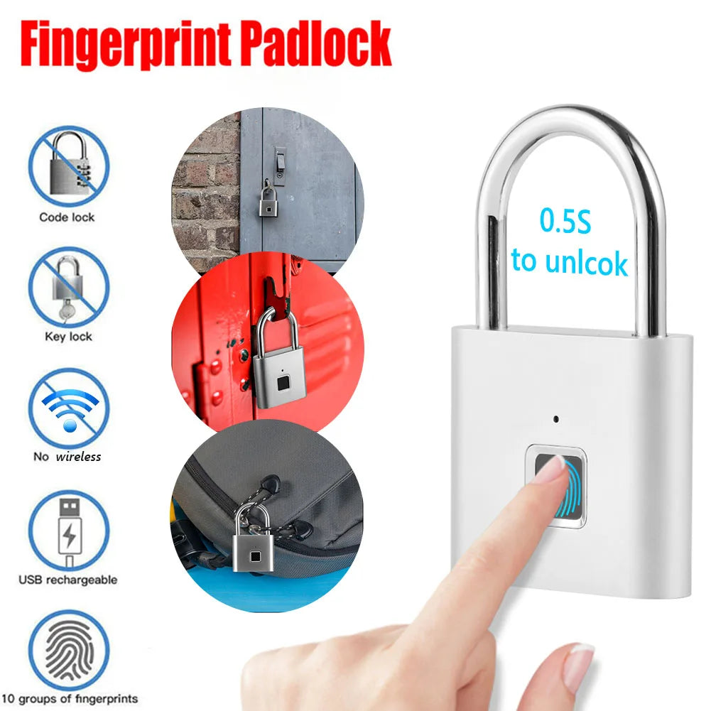 Waterproof Smart Fingerprint Door Lock Anti-theft Padlock for Luggage Case Rechargeable Fingerprint Lock