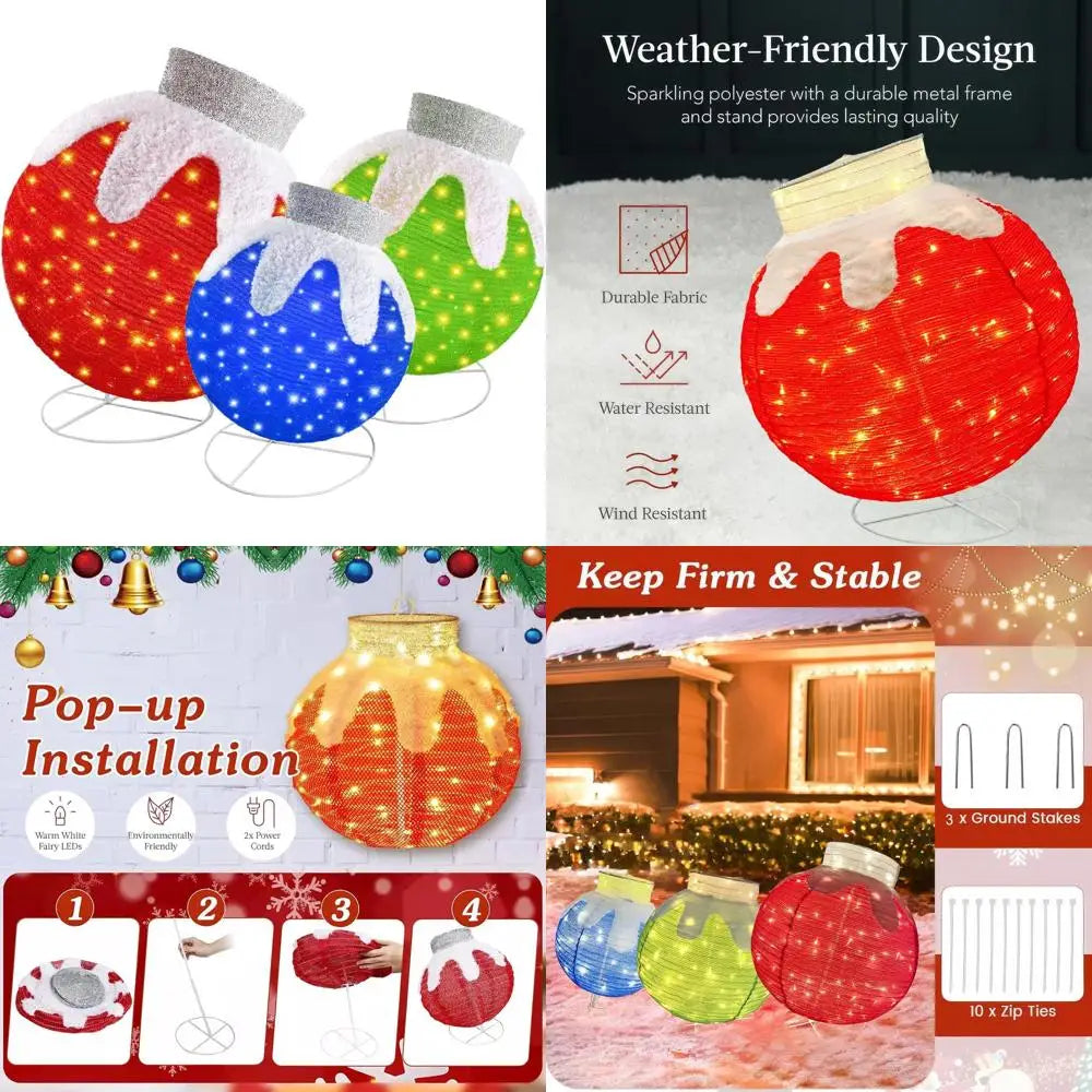 Set of 3 Large Illuminated Flocked Christmas Balls, Outdoor Waterproof LED Hanging Decorations with Base Stakes, Easy Plug-and-P