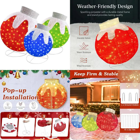 Set of 3 Large Illuminated Flocked Christmas Balls, Outdoor Waterproof LED Hanging Decorations with Base Stakes, Easy Plug-and-P