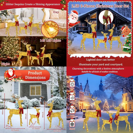 48 2.5 D Gold LED Lighted Christmas Deer Set, 3-Piece Outdoor Reindeer Decorations with 145 Lights for Lawn and Garden