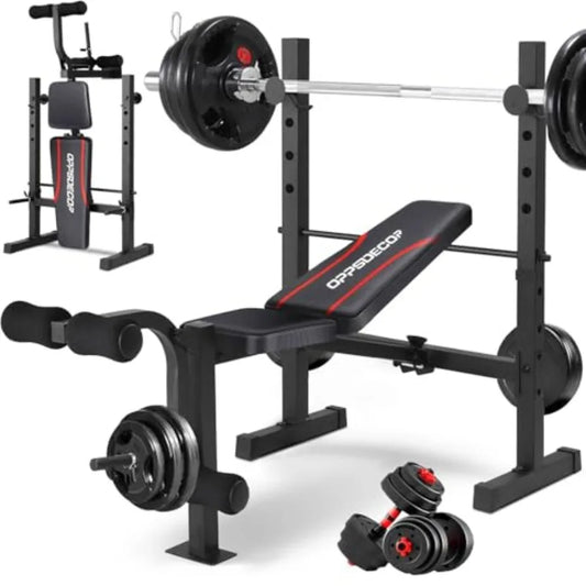 Standard Weight Bench Set with Squat Rack 600LBS Adjustable Bench Press Set with Leg Extension and Leg Curl Foldable Flat Incli