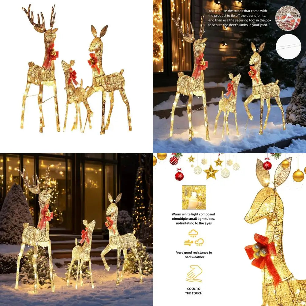 Illuminated 3 D Reindeer Family Christmas Decoration Set with 210 LED's, Outdoor Lawn Display with Stakes and Bows