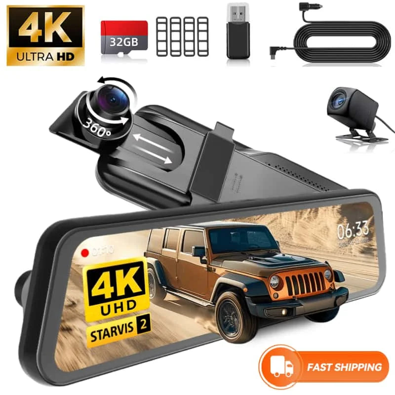 9.66"IPS Touch Screen Mirror Dash Cam Front and Rear, 4K Dual Recording, AHD Backup Camera, Night Vision, G-Sensor. Limited Time