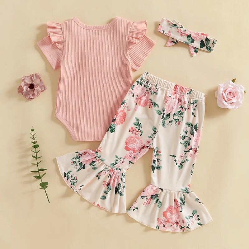 Toddler Girls 3 Piece Outfit Set Ruffle Sleeve Bodysuit Floral Bell Bottom Pants Headband Set for Baby Girl