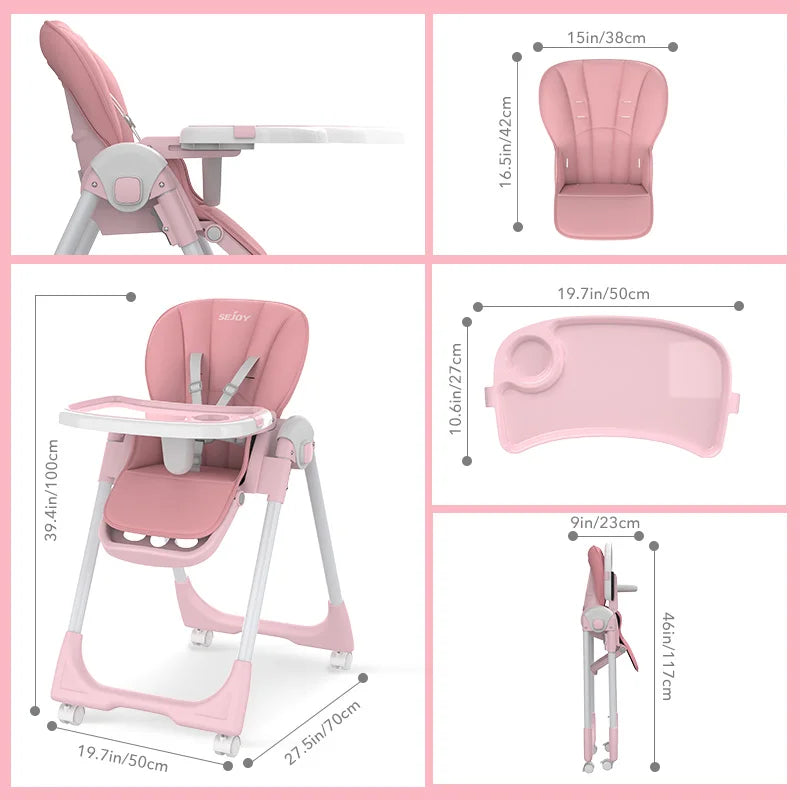 Sejoy Foldable High Chair for Baby Dining Table with Adjustable Backrest,Footrest,Tray,and Seat Height with wheel 6-36 Months