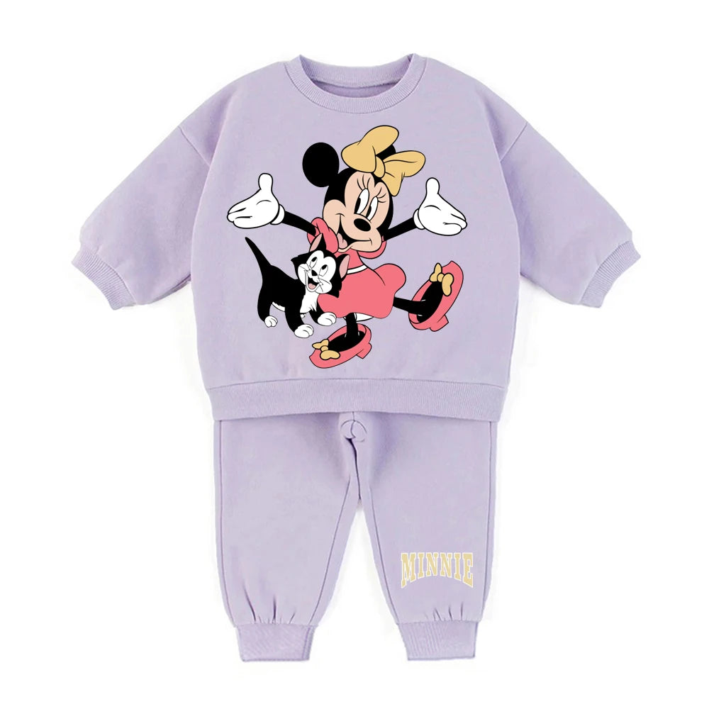 Warm Fleece Lined Baby Suit Cartoon Printed O-neck Sweatshirt + Pant 2Pcs Kids Boy / Girl Clothes