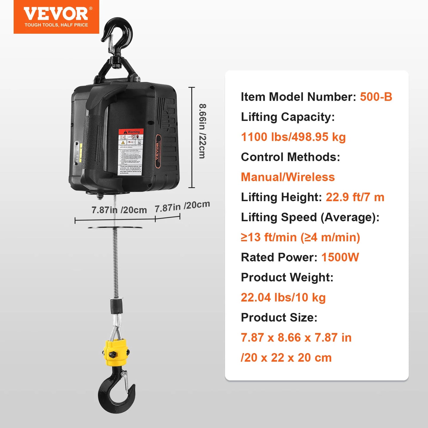 1100 lbs 1500 W Electric Hoist Winch Portable Power Winch Crane with Wireless Remote Control for Overload Protection