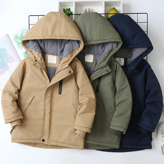4-14 Years Boys Autumn Winter Hooded Parka Thickened Plus Velvet Warm & Cozy Outerwear Jacket