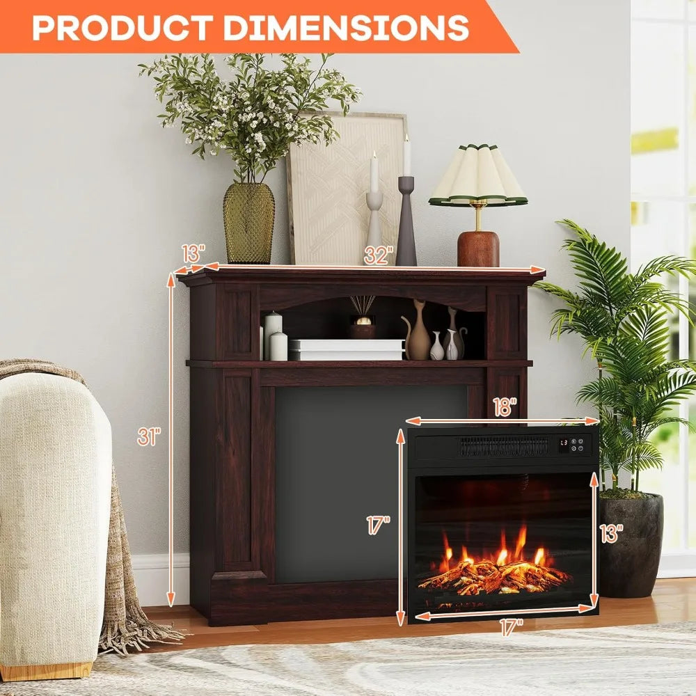 32 Electric Fireplace with Mantel, Freestanding Package Wooden Firebox Surround 18 Fireplace Insert Heater w/ 3 Flame Settings