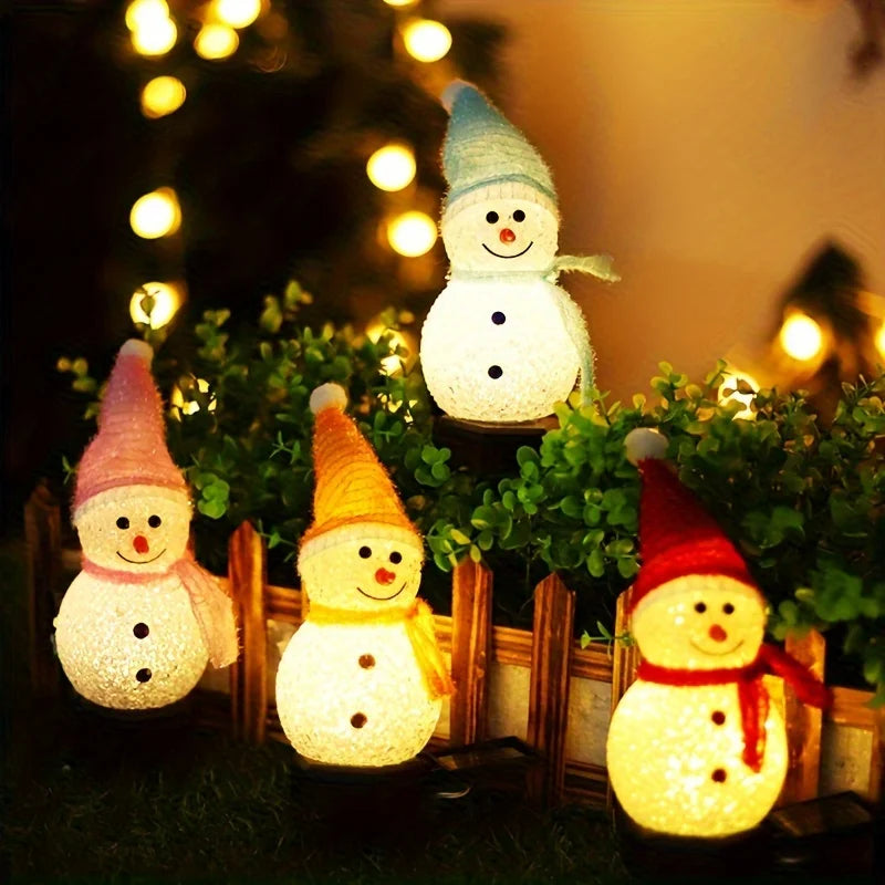 Solar-Powered Snowman Lights 4-Piece Set (1 Solar Panel) - Christmas Outdoor Garden LED Flashing String Lights, Fit for Lawn