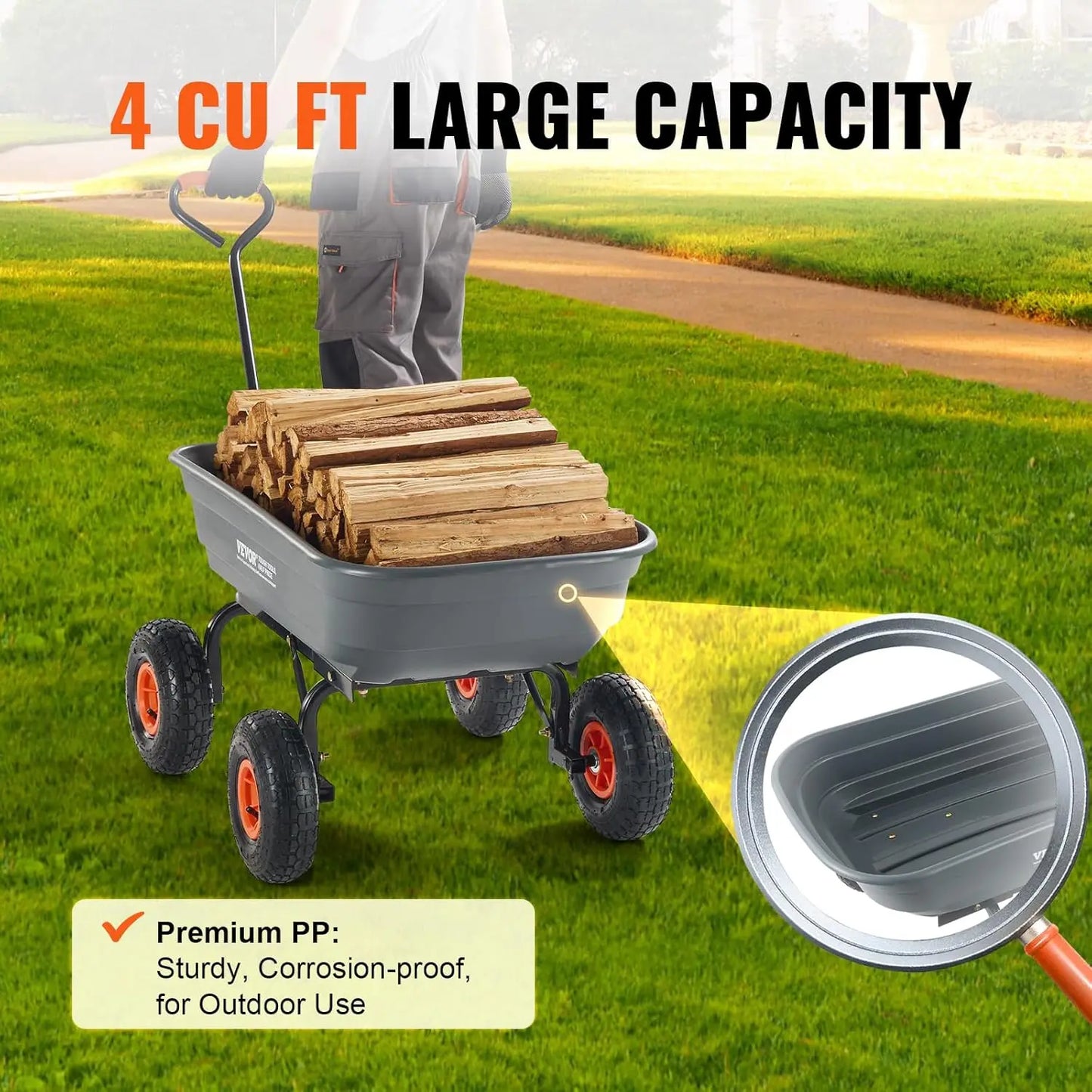 4 Cu.Ft. 600 lbs Poly Garden Cart Dump Wagon, Heavy Duty Yard Dump Cart Wagon, 4 Wheel Wheelbarrow with 10 in All Terrain Wheels