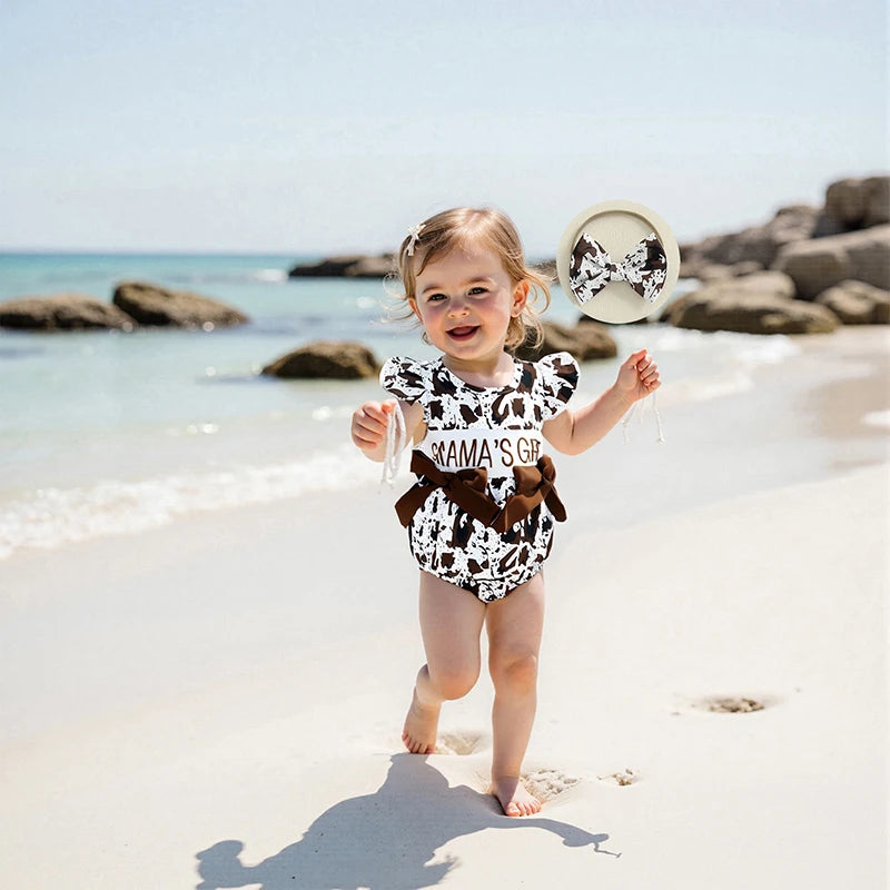 Cute Toddler Girl Mother s Day Romper with Floral Print Embroidered Letters Flutter Sleeves and Matching Bow Headband