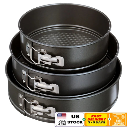 3 Piece Nonstick Carbon Steel Springform Cake Pan Set Oven Safe Durable Bakeware Rust Scratch Resistant Cheesecake and Pastries