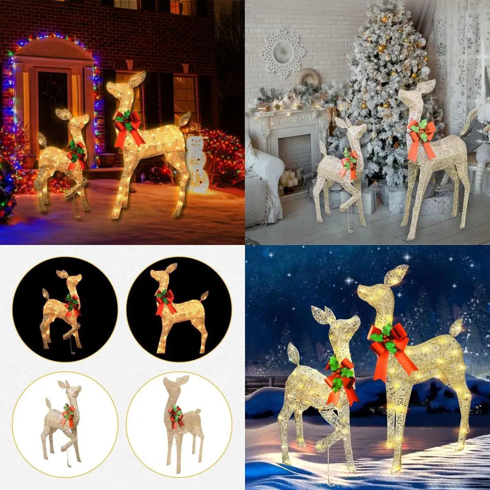 Champagne Gold Lighted Outdoor Christmas Deer Duo Set with Bow for Yard and Tree Holiday Decor