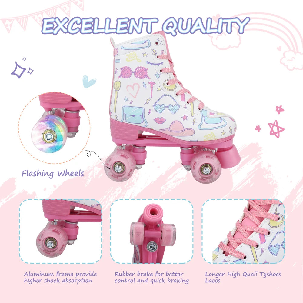 Outdoor Skating Shoes Quad Skates Sneakers PU Leather Roller Skates Skating Shoes for Kids Girls Beginner Roller Skating Shoes