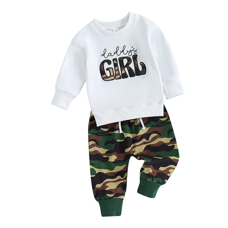 Adorable Baby Girl 2-Piece Spring Ensemble with Floral Embroidered Pullover and Camo Print Pants - Cute Toddler Outfit for