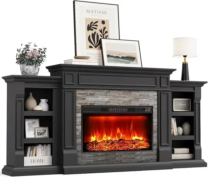 80" Electric Fireplace with Mantel and Cabinets, Fireplace TV Stand for Living Room Bedroom, 30in Realistic Flame Fireplace