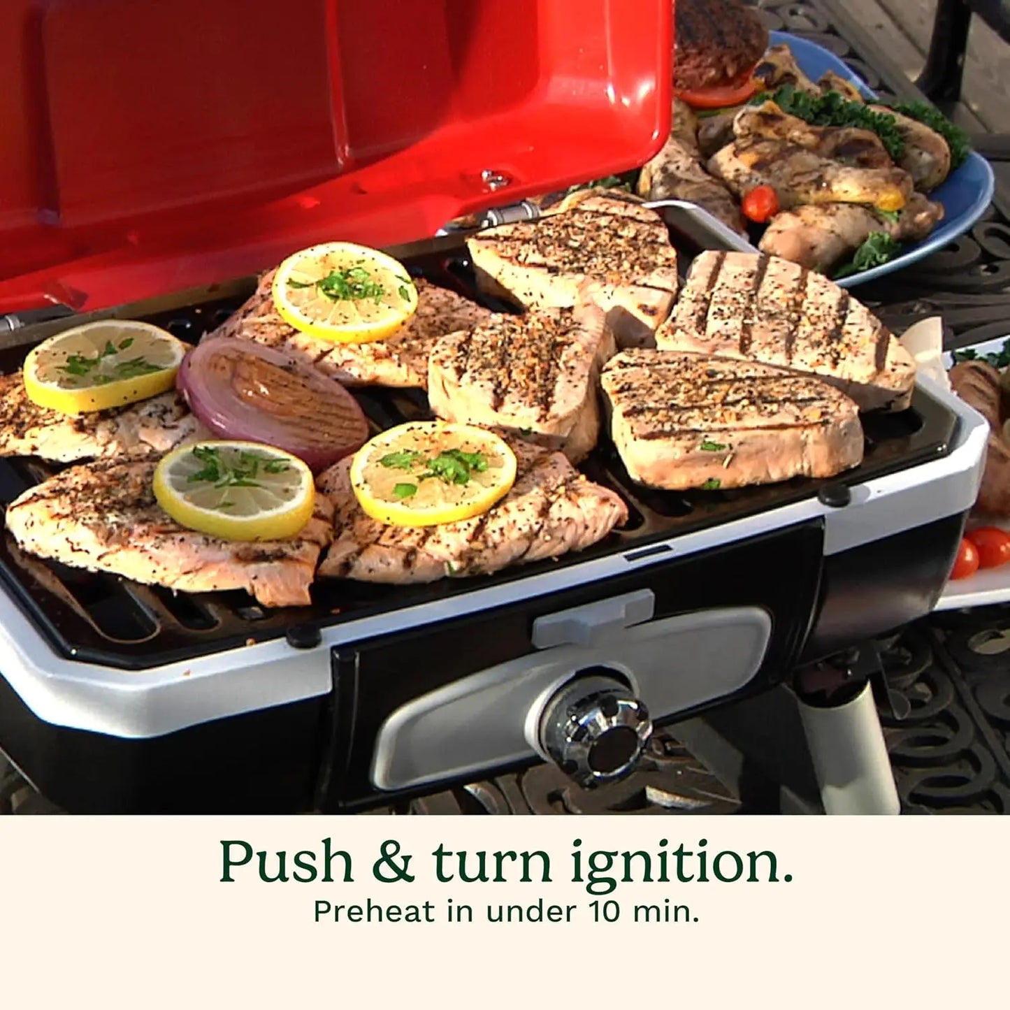 Portable Gas Grill for Camping, Compact Propane BBQ with Folding Legs, 150 Sq. In. Cooking Surface, Red