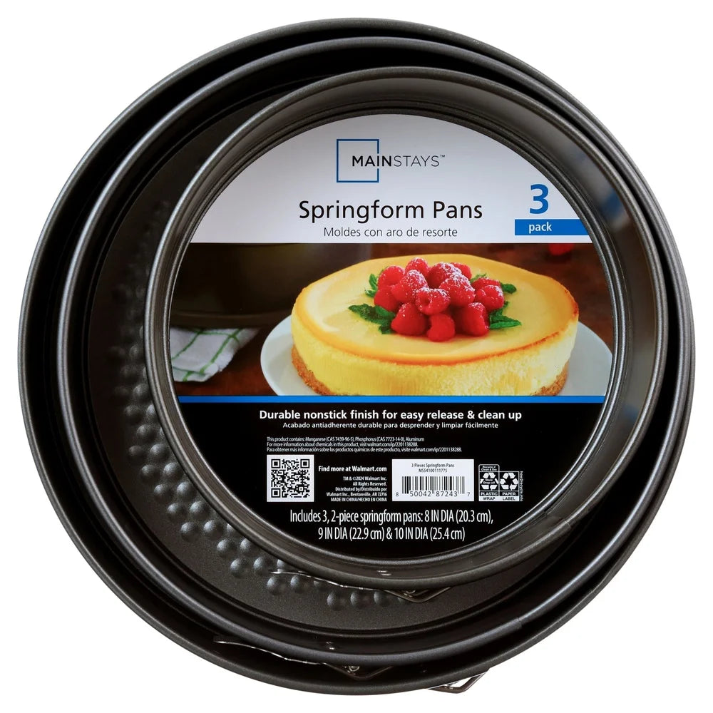 3 Piece Nonstick Carbon Steel Springform Cake Pan Set Oven Safe Durable Bakeware Rust Scratch Resistant Cheesecake and Pastries