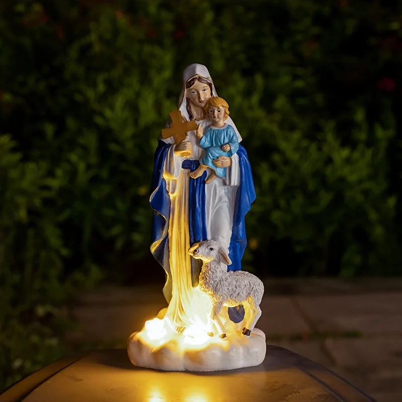Statue Outdoor Decor Solar Light, Jesus Birth Figure Resin Statue, Solar Jesus Nativity holding child and sheep statue light