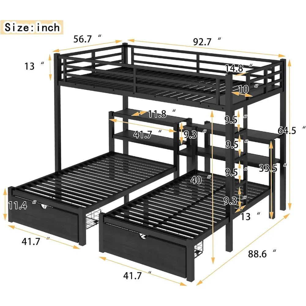 Sturdy Triple-Deck Bunk Bed with Storage, Shelves, and Charging Ports - Full XL Upper with Twin Beds Below
