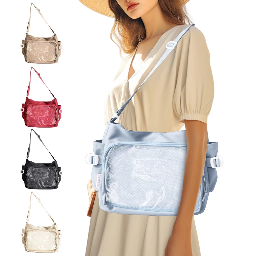 Women Shoulder Purse with Clear Window Teenagers School Bag Multi-pockets Adjustable Strap Chic Hobo Bag
