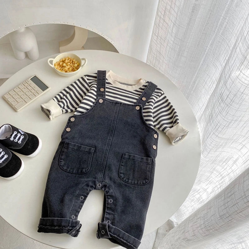 New spring baby clothes for 0 - 3 years old, neutral denim jumpsuits and striped tops, sold separately