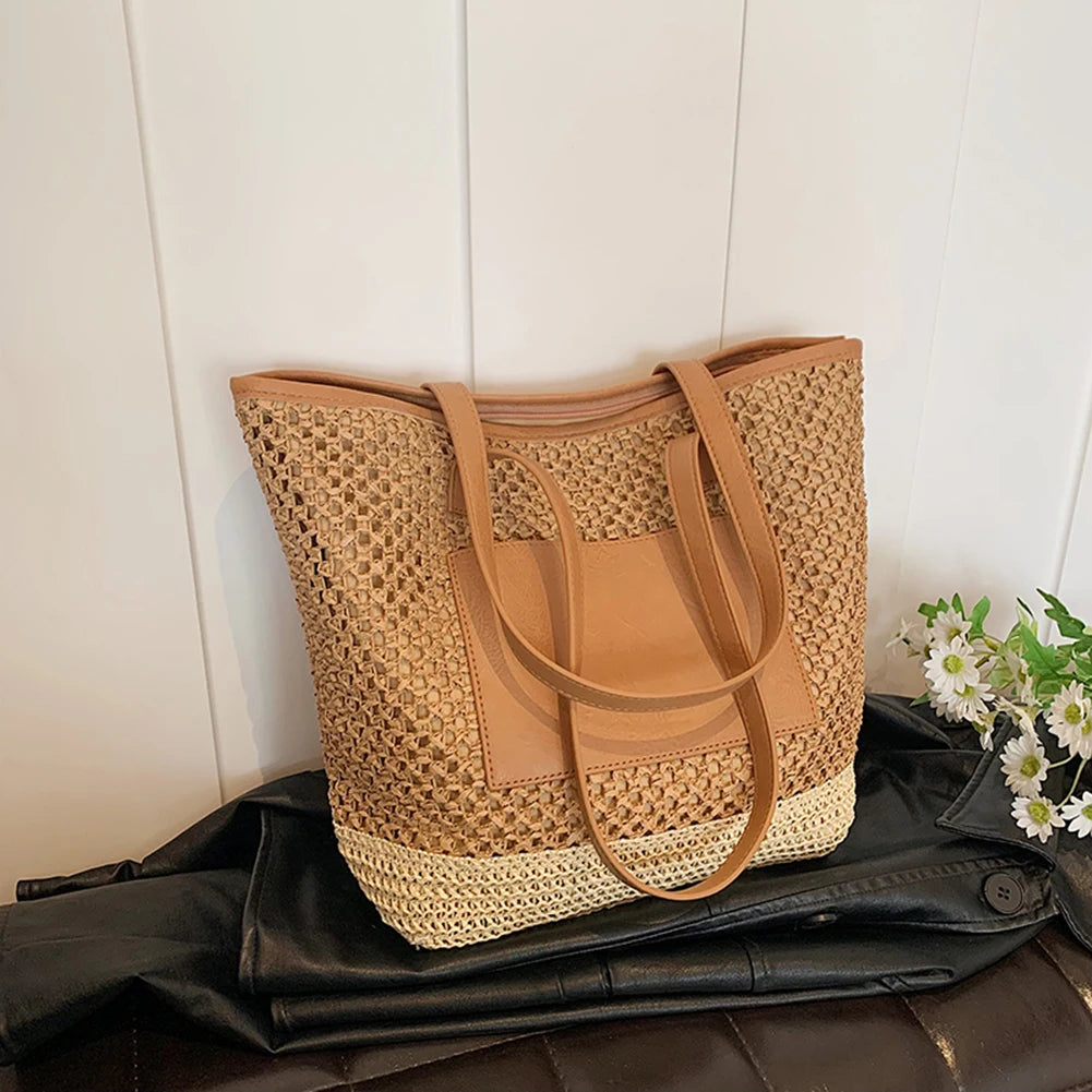 Women Straw Crochet Beach Handbag PU Patchwork Simple Shoulder Bag Contrast Color Minimalist Tote Bag Ladies Summer Bag