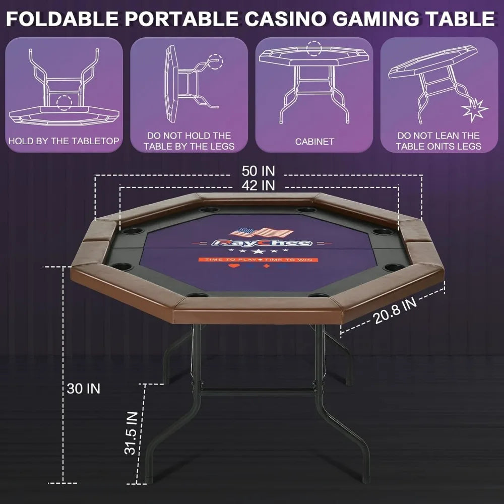 8 Players Poker Table Fold-able, 50 inch Upgraded Folding Octagon Casino Table, Portable Texas Hold-em Table w/Stainless Steel Cup