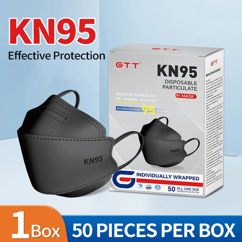 GTT 50-200Pcs Disposable Masks KN95 Fish-shaped 3D Mask Independent Packag 4-layer Filter Dust-proof Protection Mask Black White