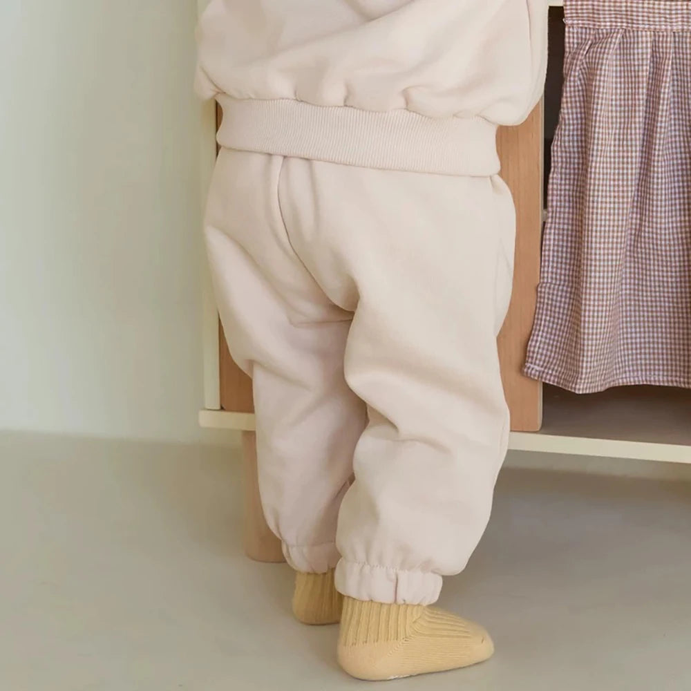 Warm Fleece Lined Baby Suit Cartoon Printed O-neck Sweatshirt + Pant 2Pcs Kids Boy / Girl Clothes