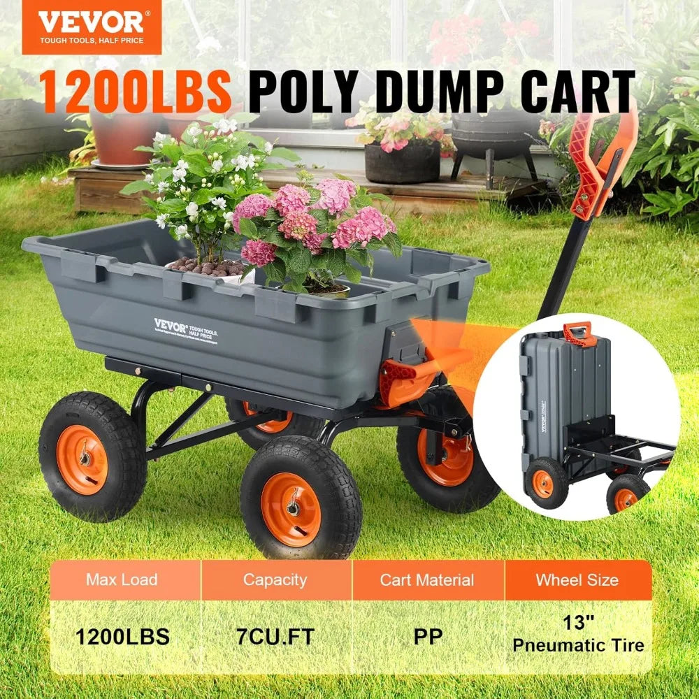 Heavy Duty 1200 lbs Garden Dump Cart with Convertible Handle and All Terrain Wheels for Lawn Mower Tractor